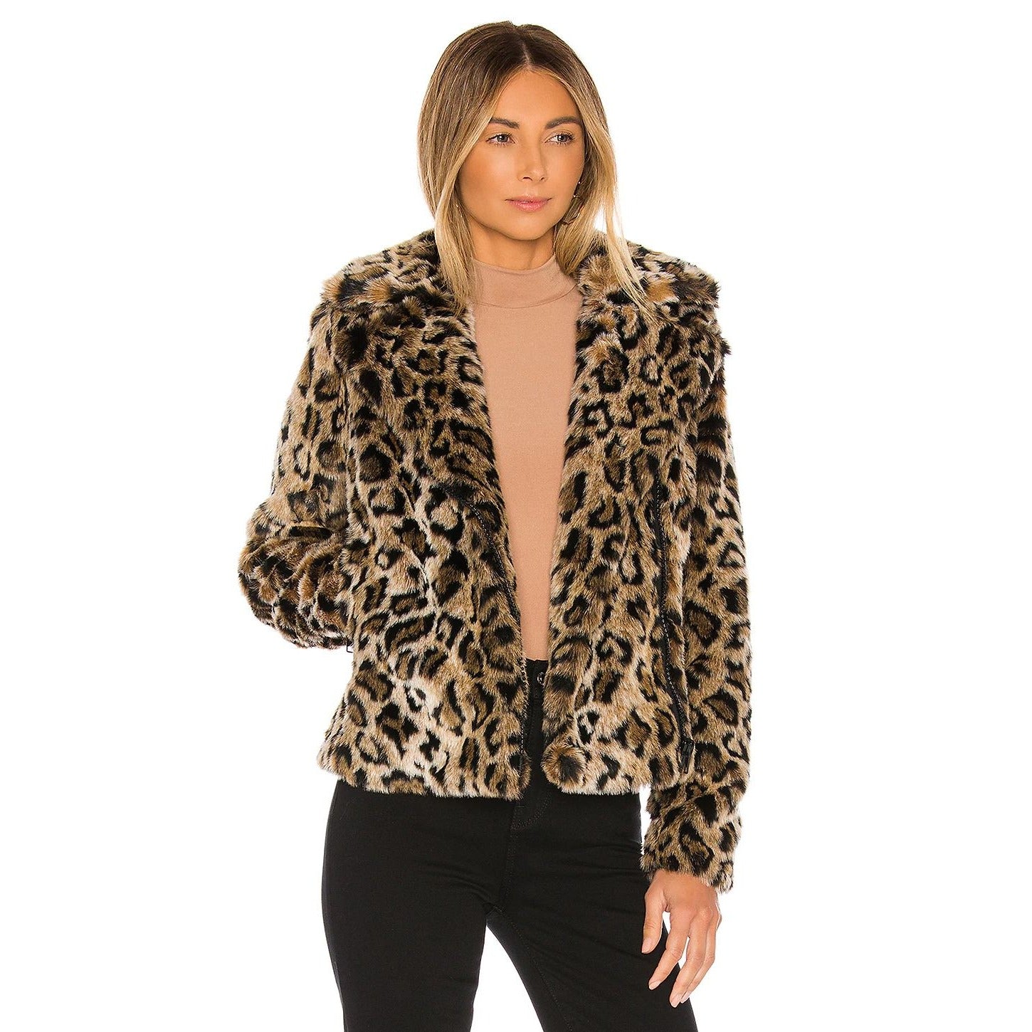 NWT Avec Les Filles Leopard top Print Moto Jacket with Faux Shearling Collar MEDIUM