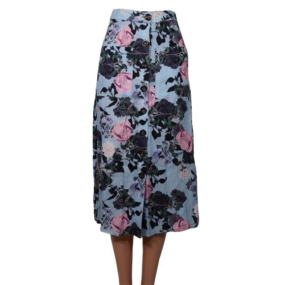 Nicholas Blue Floral Button Linen Skirt 0