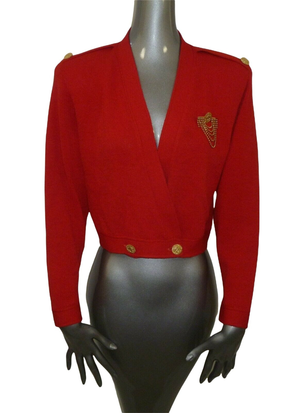 St. John Red Knit Jacket Gold Brooch Chain P